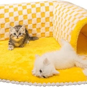 L-Shaped Plush Cat Tunnel Bed - Corner Hideout & Lounge Mat with Interactive Toy Ball