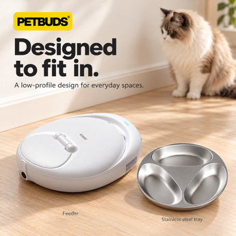 Petbuds Fresh feeder beside its removable stainless steel tray